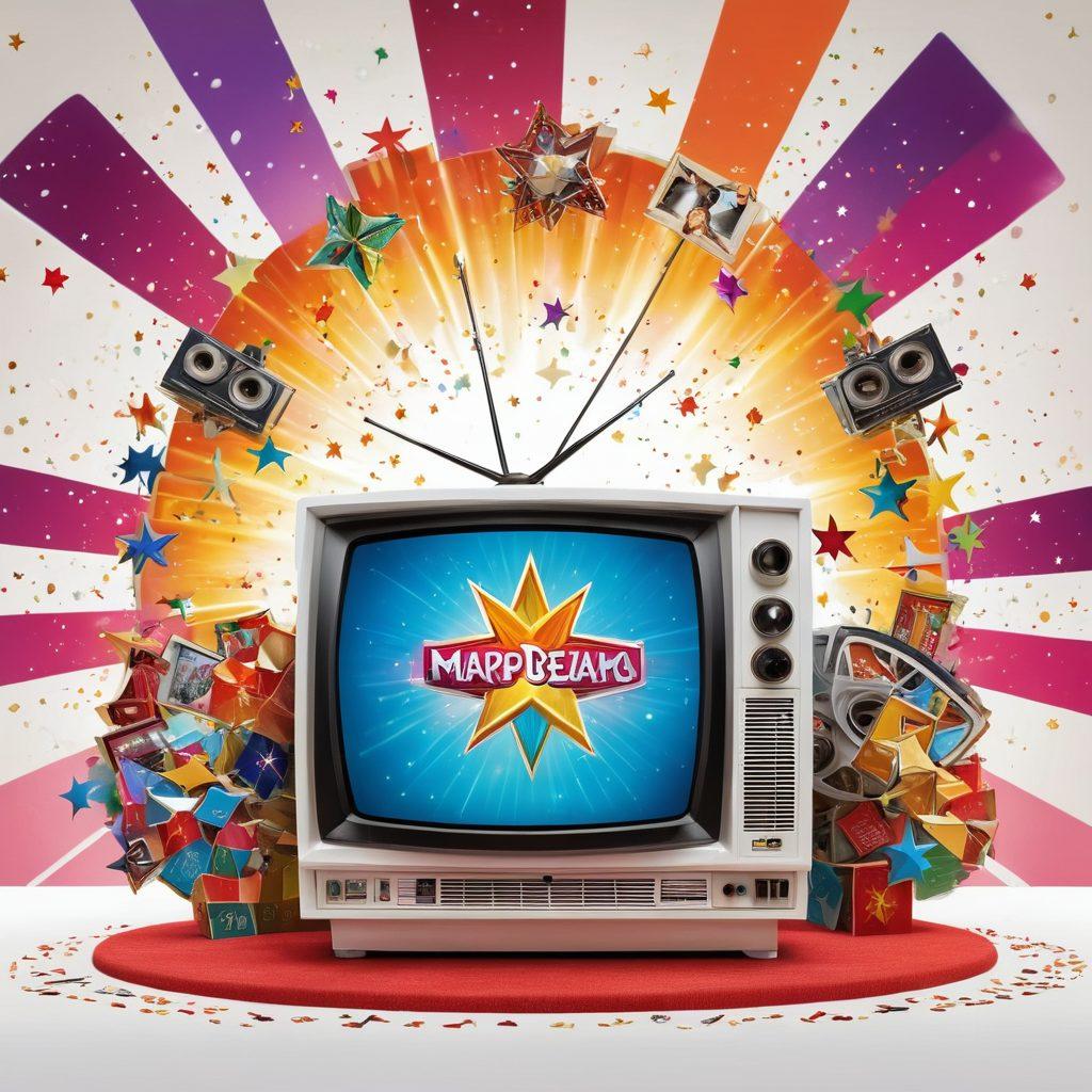 A vibrant television set displaying iconic shows from Star Plus, surrounded by a burst of colorful stars and film reels. In the backdrop, a mix of modern and traditional elements showcasing the diversity of Indian entertainment. The scene should evoke excitement and engagement, with characters from various shows playfully interacting around the TV. super-realistic. vibrant colors. white background.