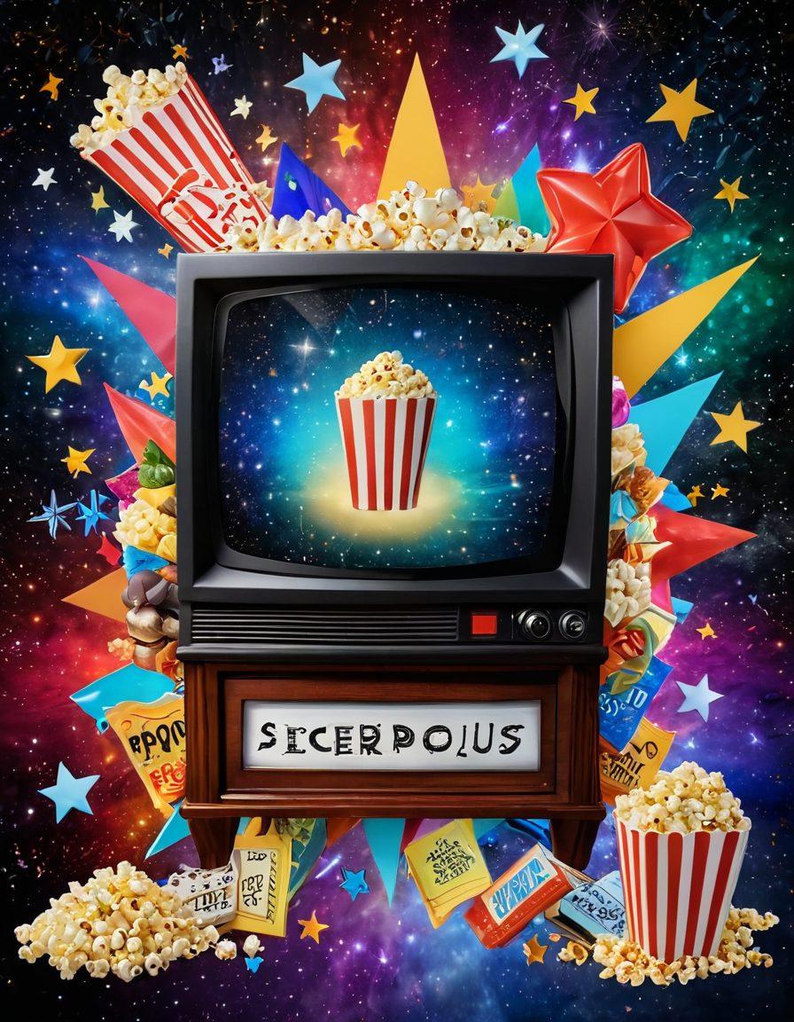 A captivating collage featuring a colorful television screen displaying popular Star Plus show scenes, surrounded by sparkling stars and entertainment symbols like popcorn and a film reel. Include a mysterious key unlocking a glowing book titled 'Secrets of Star Plus' at the center. The background should be dynamic with swirling galaxy patterns and vibrant colors that evoke excitement and intrigue about entertainment insights. super-realistic. vibrant colors. 3D.